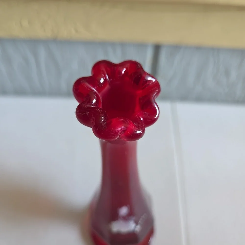 Fenton Ruby Red Swung Bud Crimped Glass Vase Hand-Painted Floral Artist Signed